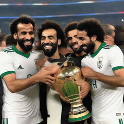 Mohamed Salah joyfully holding the African Cup of Nations alongside Egyptian players Mostafa Mohamed, Triezget, and Ahmed Zizo, with disheartened Senegal players shedding tears in the backdrop.