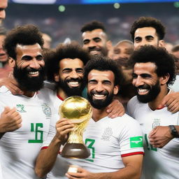 Mohamed Salah joyfully holding the African Cup of Nations alongside Egyptian players Mostafa Mohamed, Triezget, and Ahmed Zizo, with disheartened Senegal players shedding tears in the backdrop.