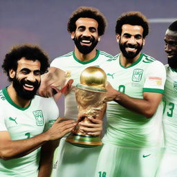 Mohamed Salah joyfully holding the African Cup of Nations alongside Egyptian players Mostafa Mohamed, Triezget, and Ahmed Zizo, with disheartened Senegal players shedding tears in the backdrop.