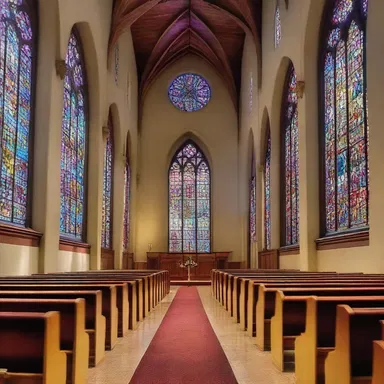The stained glass windows in the church cast a dazzling array of colors across the pews.