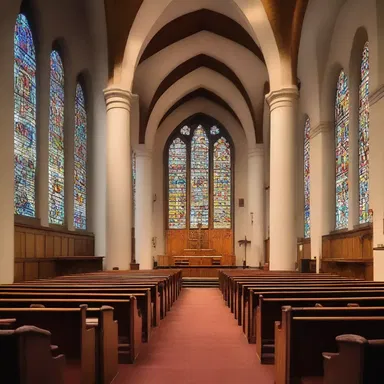 The stained glass windows in the church cast a dazzling array of colors across the pews.