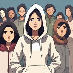 An attractive Indonesian woman in a hoodie standing in the center, with background characters turning to stare at her in admiration.