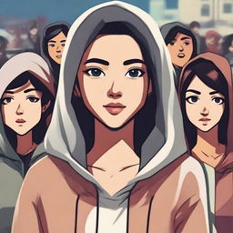 An attractive Indonesian woman in a hoodie standing in the center, with background characters turning to stare at her in admiration.