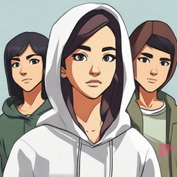 An attractive Indonesian woman in a hoodie standing in the center, with background characters turning to stare at her in admiration.