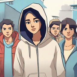 An attractive Indonesian woman in a hoodie standing in the center, with background characters turning to stare at her in admiration.