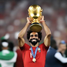 Mohamed Salah triumphant, holding up the African Cup of Nations with pride and exultation.