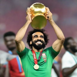 Mohamed Salah triumphant, holding up the African Cup of Nations with pride and exultation.