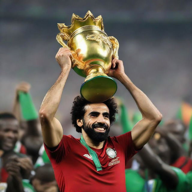 Mohamed Salah triumphant, holding up the African Cup of Nations with pride and exultation.