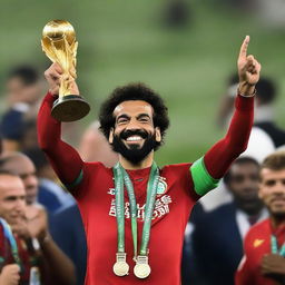 Mohamed Salah triumphant, holding up the African Cup of Nations with pride and exultation.