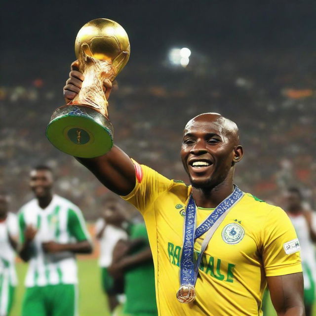 Shikabala in a triumphant posture holding up the African Champions League trophy, reflecting his victory and happiness.