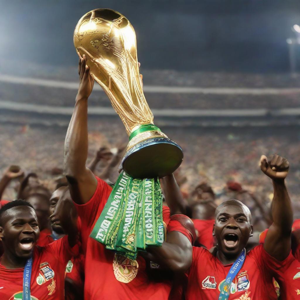 Shikabala in a triumphant posture holding up the African Champions League trophy, reflecting his victory and happiness.