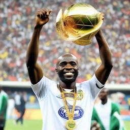 Shikabala in a triumphant posture holding up the African Champions League trophy, reflecting his victory and happiness.