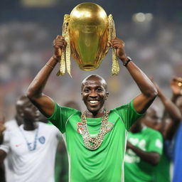 Shikabala in a triumphant posture holding up the African Champions League trophy, reflecting his victory and happiness.