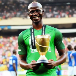 Shikabala standing proudly, holding the gleaming African Champions League cup symbolizing victory and success.