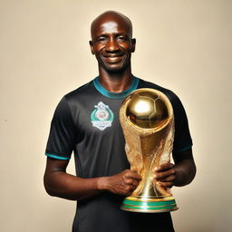 Shikabala standing proudly, holding the gleaming African Champions League cup symbolizing victory and success.