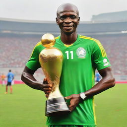 Shikabala standing proudly, holding the gleaming African Champions League cup symbolizing victory and success.