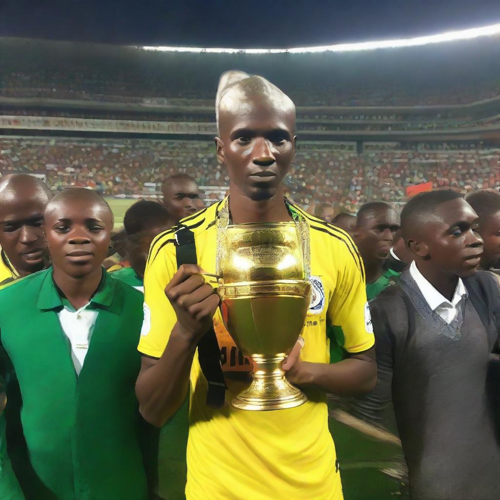 Shikabala standing proudly, holding the gleaming African Champions League cup symbolizing victory and success.