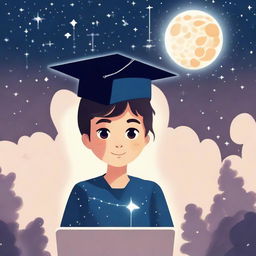 A boy in a graduation cap standing under a starry sky with Venus, holding a laptop. The laptop screen shows visualization of machine learning and deep learning algorithms, indicating serious study of the topic.