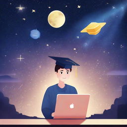 A boy in a graduation cap standing under a starry sky with Venus, holding a laptop. The laptop screen shows visualization of machine learning and deep learning algorithms, indicating serious study of the topic.