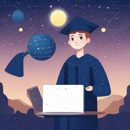 A boy in a graduation cap standing under a starry sky with Venus, holding a laptop. The laptop screen shows visualization of machine learning and deep learning algorithms, indicating serious study of the topic.