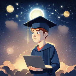 A boy in a graduation cap standing under a starry sky with Venus, holding a laptop. The laptop screen shows visualization of machine learning and deep learning algorithms, indicating serious study of the topic.