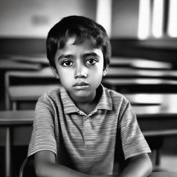 A solitary boy sitting alone in a classroom, his expression reflecting a myriad of emotions.