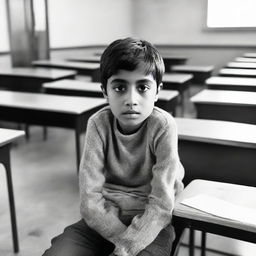 A solitary boy sitting alone in a classroom, his expression reflecting a myriad of emotions.