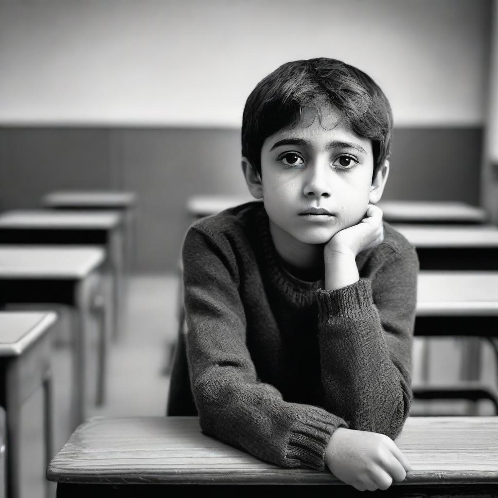 A solitary boy sitting alone in a classroom, his expression reflecting a myriad of emotions.