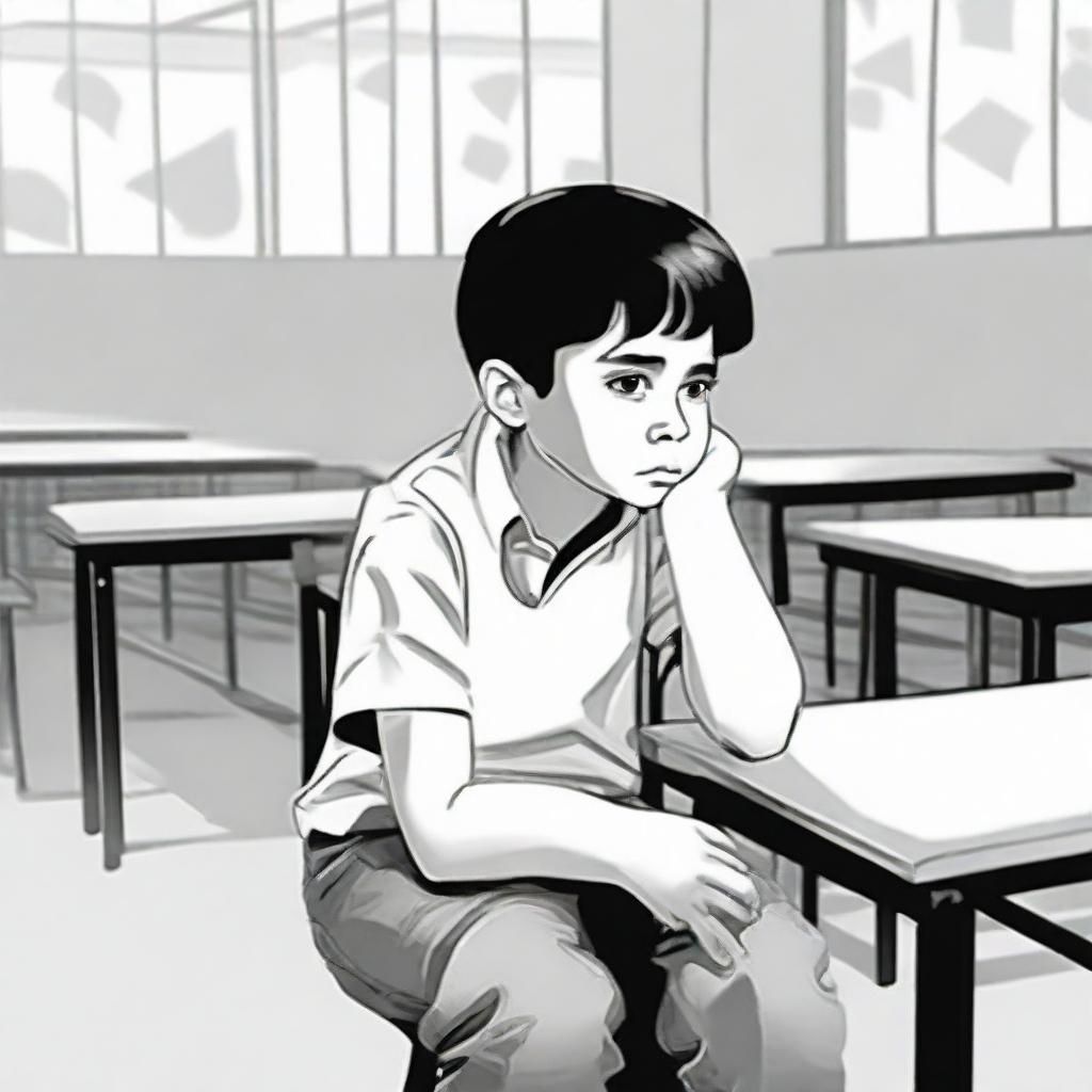 A solitary boy sitting alone in a classroom, his expression reflecting a myriad of emotions.