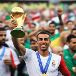 Ahmed Zizo, clad in the Egyptian team shirt, triumphantly holding the World Cup, symbolizing victory on a global stage.