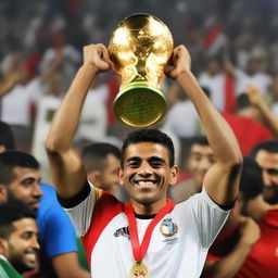 Ahmed Zizo, clad in the Egyptian team shirt, triumphantly holding the World Cup, symbolizing victory on a global stage.