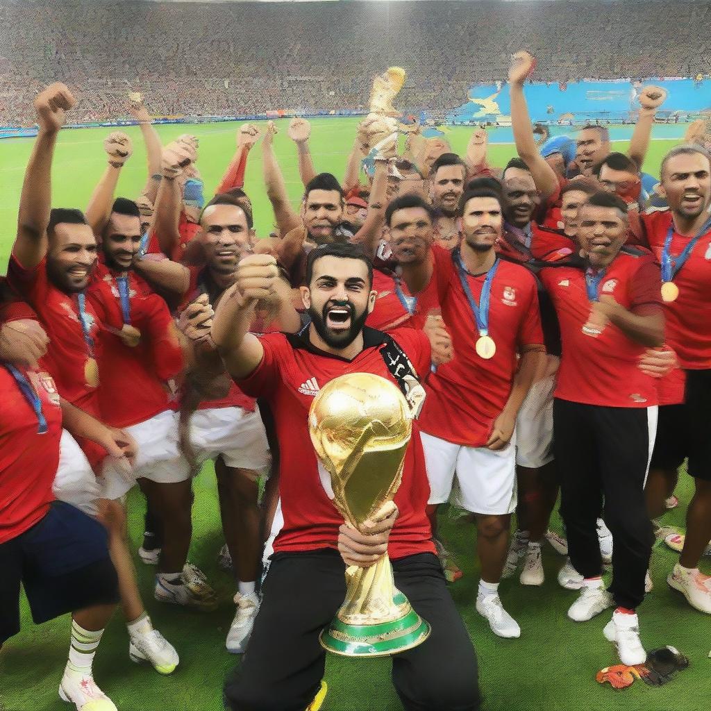 Ahmed Zizo, clad in the Egyptian team shirt, triumphantly holding the World Cup, symbolizing victory on a global stage.