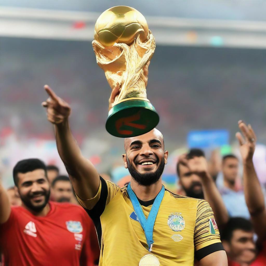 Ahmed Zizo, clad in the Egyptian team shirt, triumphantly holding the World Cup, symbolizing victory on a global stage.