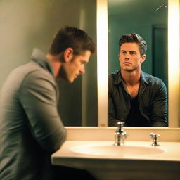 Dean Winchester, from Supernatural, is comfortably seated in a modern, well-lit bathroom, contemplating his reflection in the mirror