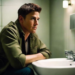 Dean Winchester, from Supernatural, is comfortably seated in a modern, well-lit bathroom, contemplating his reflection in the mirror