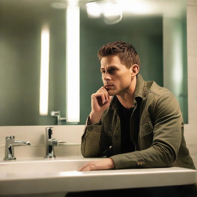 Dean Winchester, from Supernatural, is comfortably seated in a modern, well-lit bathroom, contemplating his reflection in the mirror