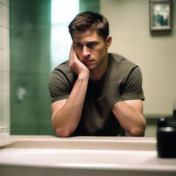 Dean Winchester, from Supernatural, is comfortably seated in a modern, well-lit bathroom, contemplating his reflection in the mirror