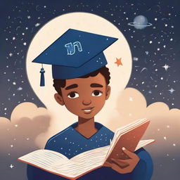 A boy wearing a graduation cap, under starry skies with Venus, is holding a book with an AI logo, indicating study of machine learning and deep learning. He is contemplatively looking at the logo, exploring the AI concept.