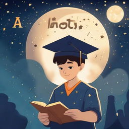 A boy wearing a graduation cap, under starry skies with Venus, is holding a book with an AI logo, indicating study of machine learning and deep learning. He is contemplatively looking at the logo, exploring the AI concept.