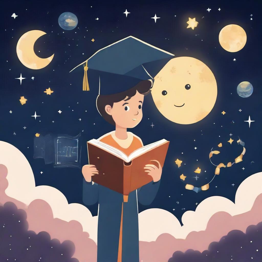 A boy wearing a graduation cap, under starry skies with Venus, is holding a book with an AI logo, indicating study of machine learning and deep learning. He is contemplatively looking at the logo, exploring the AI concept.