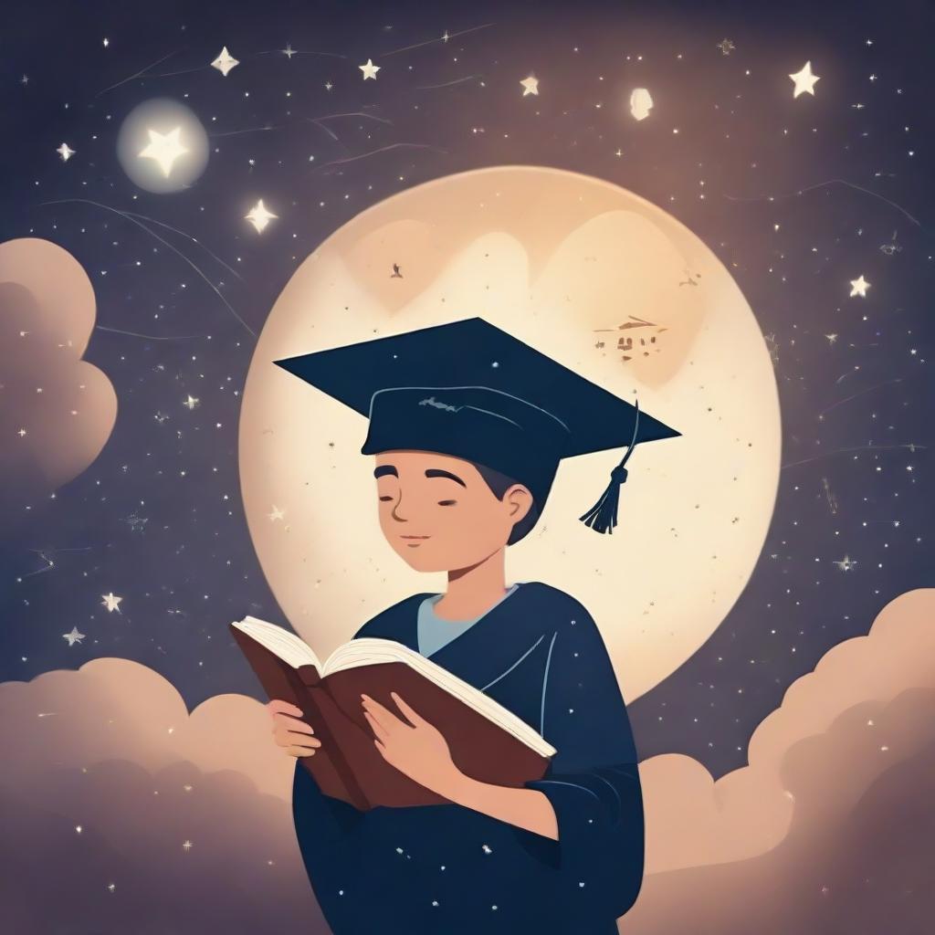 A boy wearing a graduation cap, under starry skies with Venus, is holding a book with an AI logo, indicating study of machine learning and deep learning. He is contemplatively looking at the logo, exploring the AI concept.