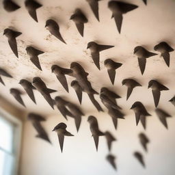 A flock of swiftlet birds congregating in a house