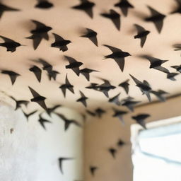 A flock of swiftlet birds congregating in a house