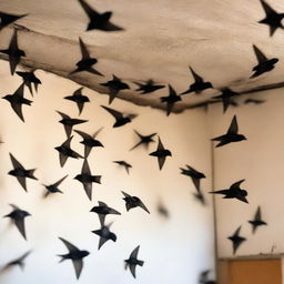 A flock of swiftlet birds congregating in a house