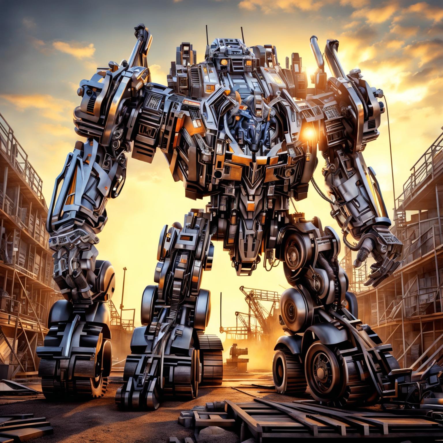 A high-definition digital art image depicting a backhoe transforming into a Transformer