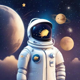 An animated astronaut wearing a graduation cap against the backdrop of starry sky with Venus present. The scene includes elements that signify AI such as a unique AI logo, neural network diagrams or futuristic AI gadgets, relating to machine and deep learning.