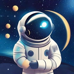 An animated astronaut wearing a graduation cap against the backdrop of starry sky with Venus present. The scene includes elements that signify AI such as a unique AI logo, neural network diagrams or futuristic AI gadgets, relating to machine and deep learning.