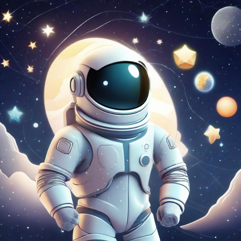 An animated astronaut wearing a graduation cap against the backdrop of starry sky with Venus present. The scene includes elements that signify AI such as a unique AI logo, neural network diagrams or futuristic AI gadgets, relating to machine and deep learning.