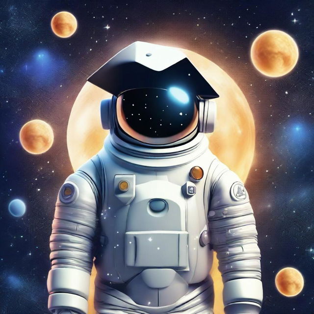 An animated astronaut wearing a graduation cap against the backdrop of starry sky with Venus present. The scene includes elements that signify AI such as a unique AI logo, neural network diagrams or futuristic AI gadgets, relating to machine and deep learning.