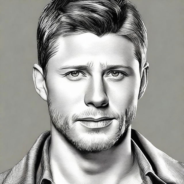 Draw a realistic and high-resolution portrait of Jensen Ackles, showcasing his charm and signature confidence.